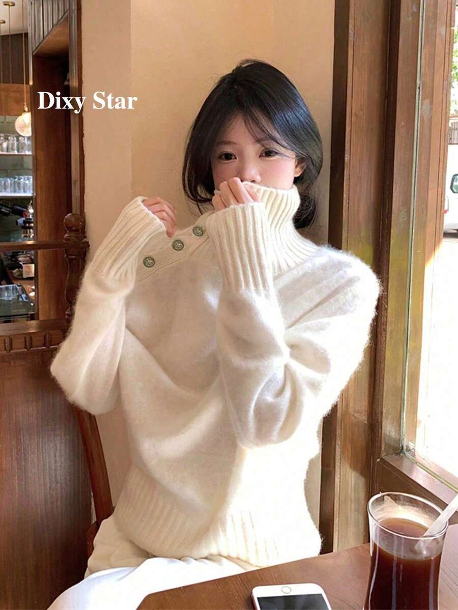 Autumn/Winter Gentle Lazy Quiet Luxury Style High Neck Warm Sweater Tops - Off White - View 1