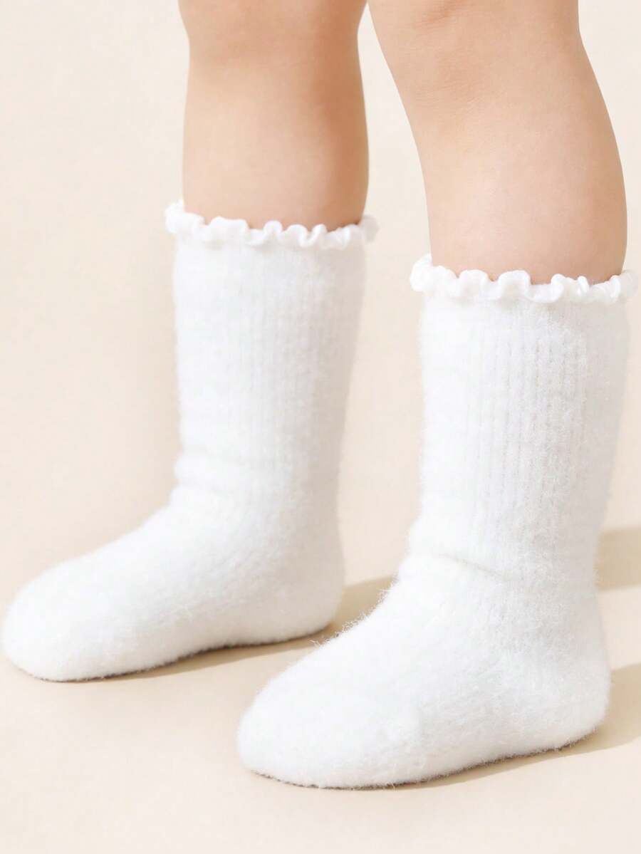 1 Pasang Kaos Kaki Terry Tebal Putih untuk Anak-anak, Kaos Kaki Hangat Berumbai Setengah Betis, Kaos Kaki Rumah Bertekstur Halus - MultiWarna - View 1
