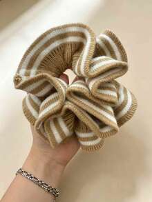 1PC Double-Layer Knitted Striped Scrunchie For Women, Ruffled Yarn Hair Tie, Oversized Ponytail & Bun Hair Ring Hair Accessory - Multicolor - View 10
