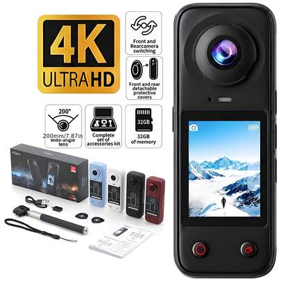 4K Ultra HD Panoramic Action Camera, 200° Wide Angle Switchable Dual Front And Rear Lenses, 2.0-Inch Screen, 1500mAh Battery With 4-Hour Recording, Can Be Used As PC Webcam. Complete Set Includes 32GB Memory Card, Compact And Durable
