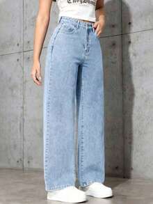 Teen Girl Front Button Pocket Straight Leg Jeans, Casual Daily Wear - Medium Wash - View 3