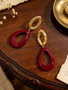 Betykuku 1 Pair European & American Old Money Street Fashion Green & Red Flower Pendant Earrings For Women & Girls, Daily Casual Party Jewelry Gift - Red Teardrop - View 4