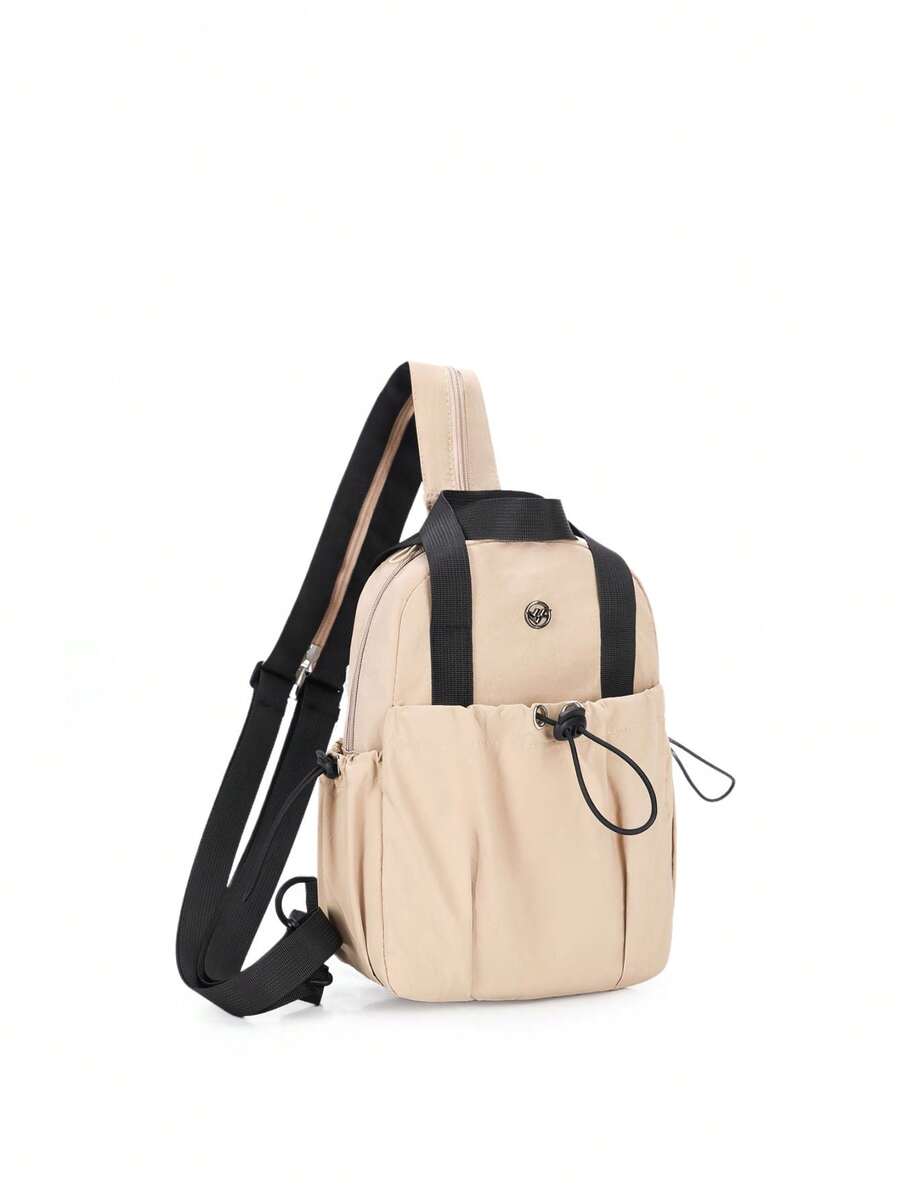 Minimalist Nylon Drawstring Chest Bag & Backpack 2-In-1, Khaki Neutral Style Crossbody Bag, Handheld & Chest Carry Dual-Use Casual Outdoor Small Bag - Apricot - View 1