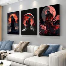 3-Piece Set Mysterious Warrior Wall Art, Red Moon And Mountain Background, Optional Frame - A - View 4