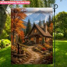 1 Pc Garden Flag, Stone Cottage Golden Autumn‑Tree Snow‑Mountain Print, Stone Path Old Well Floral Details, Flag Only No Pole, For Yard Outdoor Decor - A - View 3