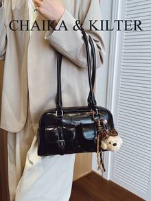 CHAIKA & KILTER 1件裝 素色亮面PU布料女款時尚單肩包 多口袋大容量波士頓保齡球包 拉鍊開合 適合日常與街頭使用（附吊飾） - 黑色 - 查看 4