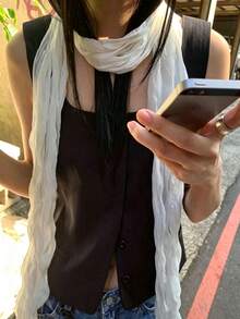 1pc Women's Solid Color Pleated Scarf, Spring/Summer Long Silk Scarf, Fashionable Unique Waist Accessory - White - View 2