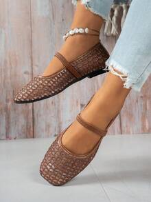 Square Toe Mesh Hollow Out Elastic Strap Mary Jane Flat Breathable Thin Ballet Style Shoes - Brown - View 3