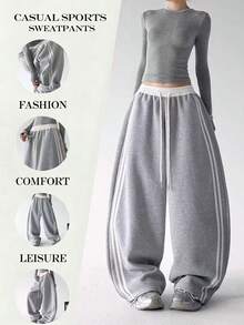 Women's Fashion New Contrast Color Design Side Stripe Drawstring Pocket Wide Leg Sweatpants, Loose Casual Straight Leg Pants For Daily Wear, Dance, Running, All Seasons - Light Grey - View 6