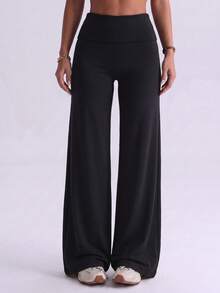Women's Y2K Folded Waist Low-Rise Flare Pants, Elastic Soft Solid Color Bootcut Long Pants, Casual Home Streetwear Bottoms - Black - View 7