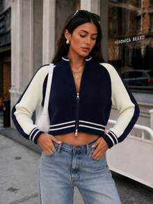 2026 Women's Autumn/Winter New College Style Colorblock Double Zipper Stand Collar Knit Cardigan, Raglan Sleeve Short Sweater Jacket, Street Casual Outing Top - Blue and White - View 4