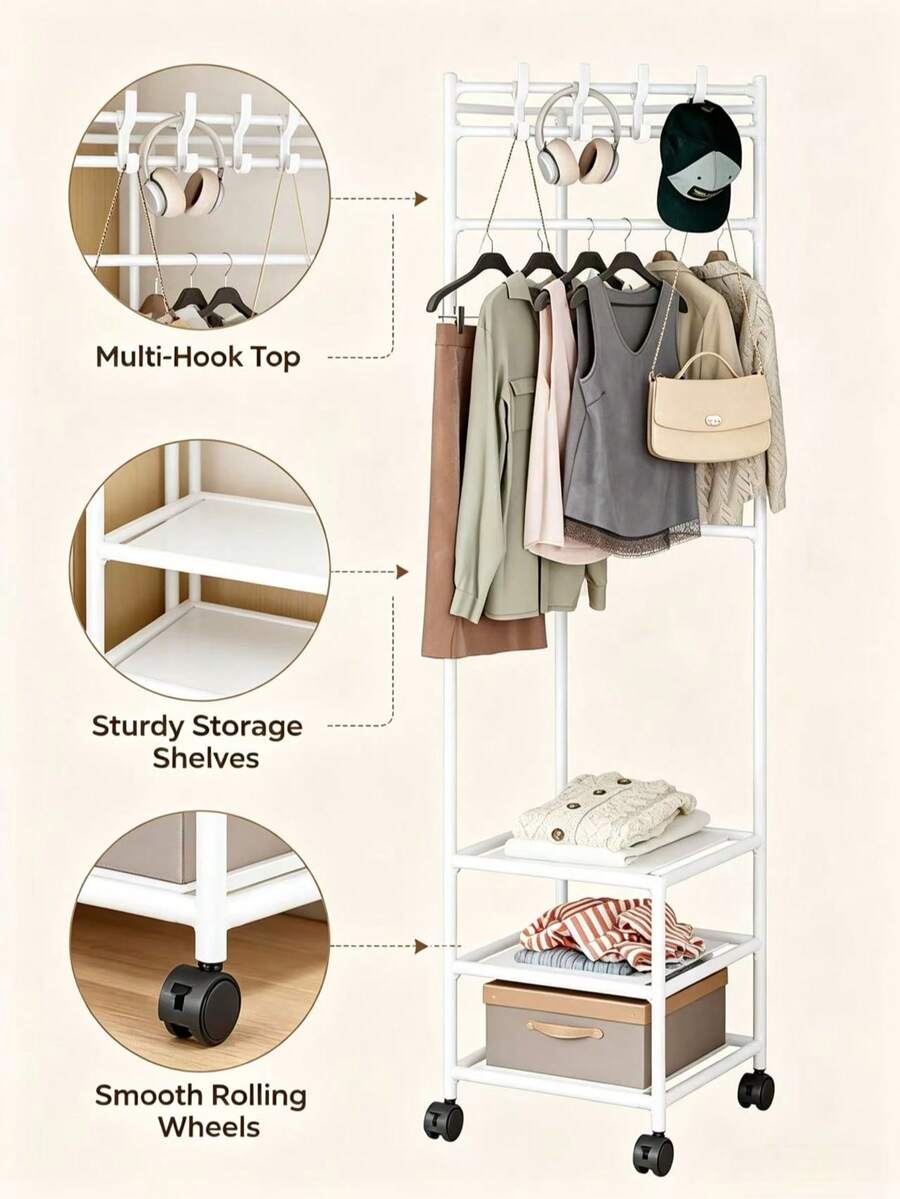Mobile Garment Rack With Wheels, Multi‑Functional Metal Clothes Stand With Top Hooks & 3‑Tier Storage Shelves, Freestanding Clothing Organizer For Bedroom Entryway - View 1