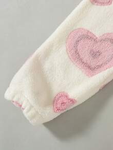 Girls' Soft Plush Flannel Hooded Coat With Heart Print, Full Zip, Mid-Length, Waist Tie, Thickened For Autumn/Winter - White - View 8