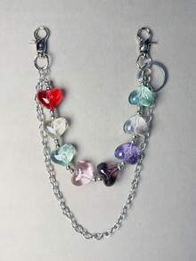 1pc Heart-Shaped Artificial Crystal Double Layer Chain Waist Chain Punk Hip Hop Unisex Pocket Chain Keychain Wallet Chain Luxury Accessory Holiday Gift - Multicolor - View 5