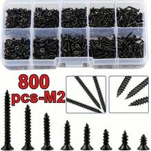 800pcs M2 Black Screw Set, Including Locking Screws And Wood Screws, Made Of Durable Metal Material, With Spiral Shank And Flat Head Design, Suitable For Wood Repair And Home Appliance Assembly, Comes With Convenient Storage Box - Multicolor - View 1