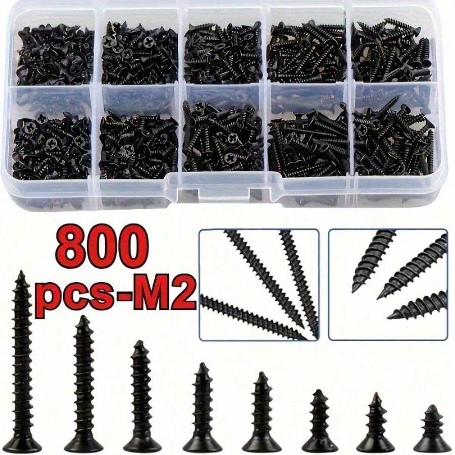 800pcs M2 Black Screw Set, Including Locking Screws And Wood Screws, Made Of Durable Metal Material, With Spiral Shank And Flat Head Design, Suitable For Wood Repair And Home Appliance Assembly, Comes With Convenient Storage Box - Multicolor - View 1