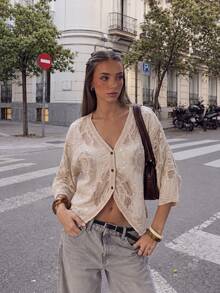Bohemian Style Women's Crochet Knit Blouse, Lightweight & Flowy For Vacation, Brunch, Mother's Day Gift Summer - Apricot - View 2