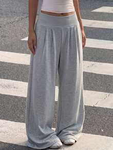 Teen Girls Light Gray High Waist Pleated Wide Leg Sweatpants, Loose Drapey Floor-Length Casual Sporty Lounge Pants - Light Grey - View 2