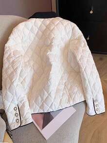 Jaket Musim Dingin Wanita Warna Putih dengan Lapisan Quilted, Kerah dan Saku Warna Kontras, Jaket Lengan Panjang Potongan Reguler, Pakaian Musim Dingin yang Modis - Putih - View 5