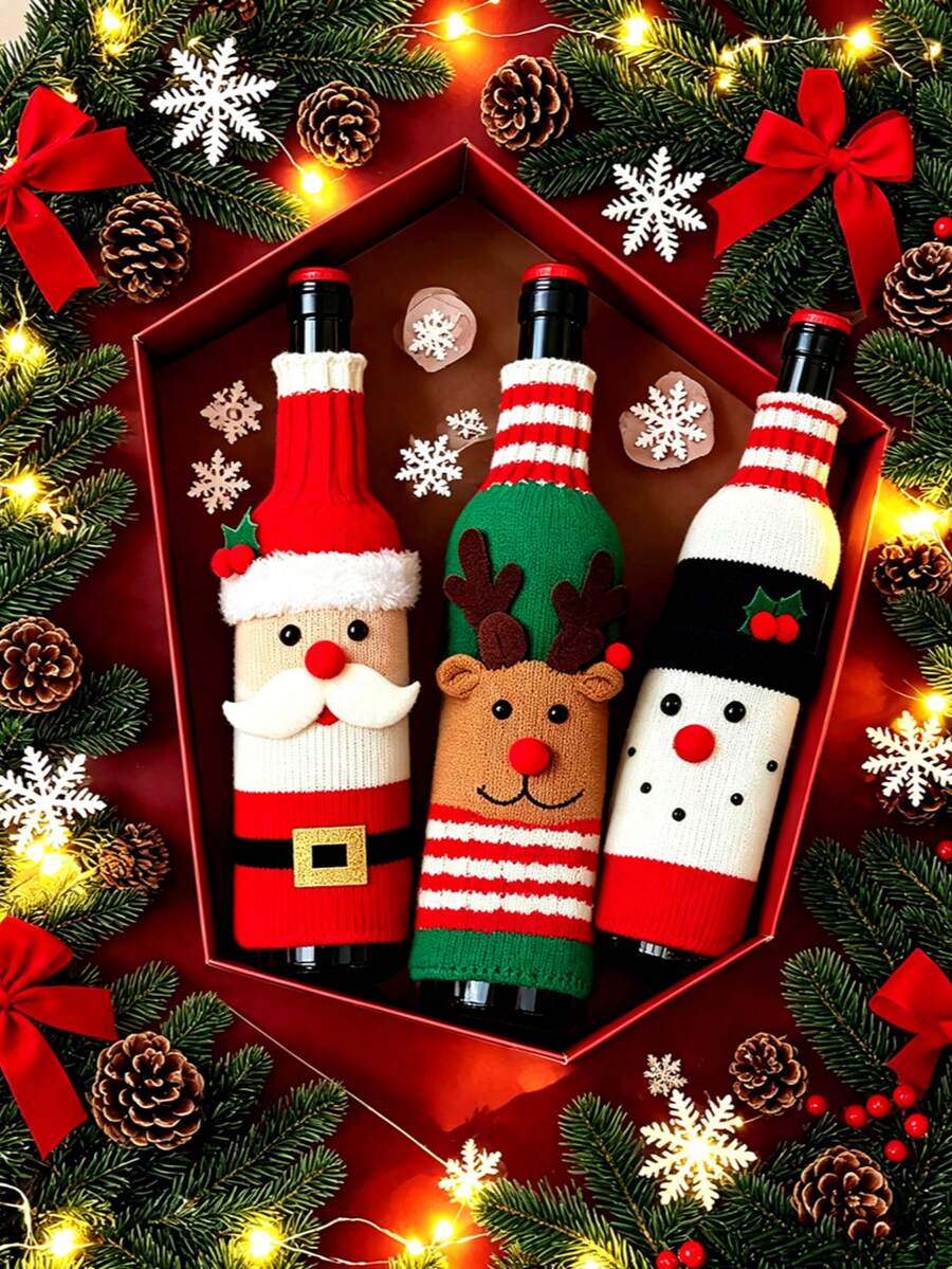 1pc Christmas Wine Bottle Cover, Santa Claus & Snowman Cartoon Design, Holiday Wine Bottle Sleeve, Suitable For Red Wine & Champagne Bottles, Festive Table Restaurant Party Decoration - View 1