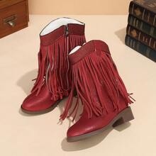 Sepatu Boots Anak Perempuan Gaya Western dengan Rumbai, Hak Tinggi, Nyaman dan Serbaguna, Desain Colorblock, Ujung Runcing, Resleting Samping, Panjang Tengah Betis, Kasual - Merah - View 6