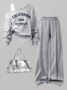 Youth Girl Letter Print Round Neck Asymmetric Shoulder Long Sleeve Top And Pants - Grey - View 1