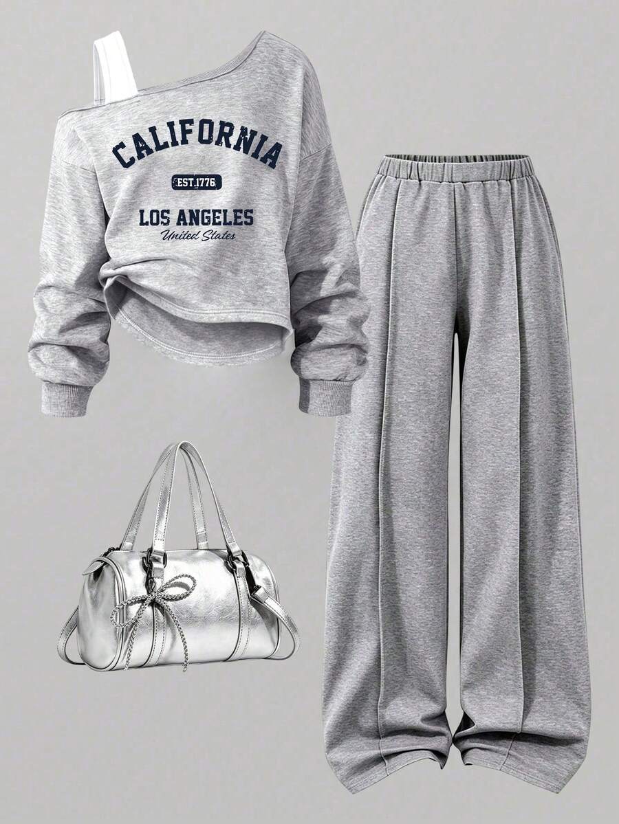 Youth Girl Letter Print Round Neck Asymmetric Shoulder Long Sleeve Top And Pants - Grey - View 1