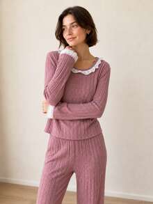 Autumn New Ribbed Long Sleeve Top + Long Pants Loungewear Set, Casual Comfortable 2 Pieces Pajama Set - Pink - View 5