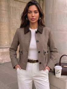 Double-Layer Lined Vintage Houndstooth Short Jacket For Women, Contrast Color Leather Lapel Single-Breasted Large Pocket Petite Jacket, Contrast Collar And Double-Button Design, Long Sleeve Fashion Outerwear - Multicolor - View 5
