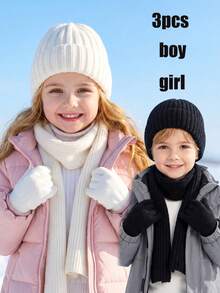 3 piezas/Set Gorro de punto unisex para niños pequeños + Guantes + Bufanda Conjunto de 3 piezas, Conjunto de 3 piezas de invierno, Conjunto térmico de punto para niños pequeños otoño invierno, Conjunto de 3 piezas de gorro bufanda guantes para niños, Conjunto de 3 piezas de invierno de punto para niños y niñas pequeños - 3 piezas - Ver 4