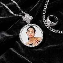 Kalung Liontin Bingkai Foto Bulat Besar dengan Gesper Daun Semanggi Kustom, Aksesori Perhiasan untuk Wanita dan Pria, Gaya Hip-Hop dengan Zirkonia, Tampilan Premium - Jepitan daun semanggi berdaun empat, bulat besar - View 3