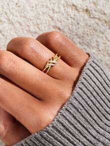 1pc Gold Vintage Minimalist Elegant Line Twisted Knotted Rhinestone Adjustable Ring, Suitable For Women's Daily Commute, Holiday, Gift - Gold - View 3