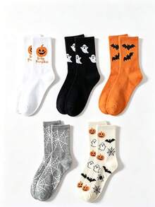 5 Pairs Women's Mid-Calf Socks, Halloween Ghost Pumpkin Bat Jacquard Mid-Calf Socks, Soft Knitted Casual Holiday Socks, Preppy Student Style Socks - Multicolor - View 7