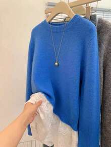 Women's Knitted Round Neck Pullover Sweater Top, Long Regular Sleeve, Medium Elasticity, Autumn Daily Wear - Blue - View 10