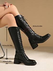 Sepatu bot tinggi selutut bertali baru, ujung persegi, hak tebal, ritsleting samping ramping, motif tambal sulam, sepatu bot pas di kaki. - Hitam - View 11