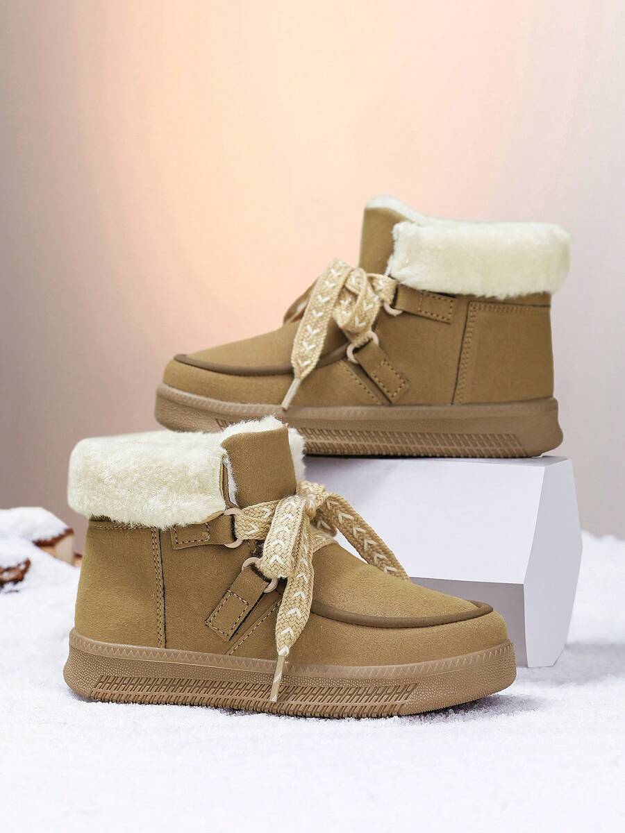 1 Pair Girls' High-Top Lace-Up Snow Boots, Thick Fleece Lining, Anti-Slip, Khaki Color, Warm Winter Boots - Camel - View 1