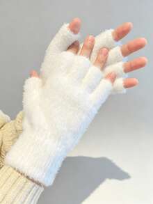 1 Pair Solid Color Casual Cute Party Polyester Jacquard Fuzzy Soft Knit Half Finger Gloves, Suitable For Spring, Autumn, Winter, School, Study, Outdoor Use - White - View 1