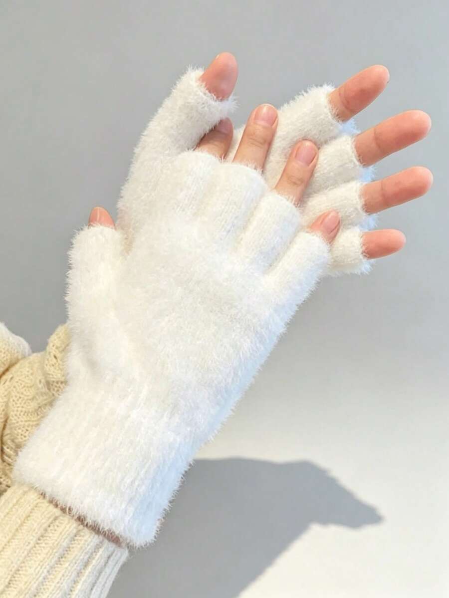 1 Pair Solid Color Casual Cute Party Polyester Jacquard Fuzzy Soft Knit Half Finger Gloves, Suitable For Spring, Autumn, Winter, School, Study, Outdoor Use - White - View 1