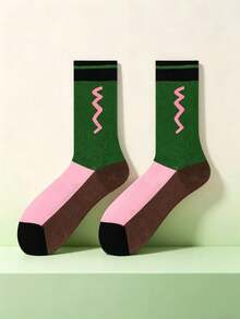 3 Pairs Pink & Green Colorblock Mid-Calf Socks For Women, Abstract Cartoon Rabbit Slouch Socks, Ins Style - Multicolor - View 6