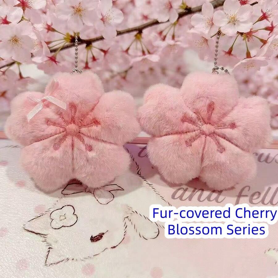 1 Pc Healing Sakura Plush Ornament Pendant, Keychain Backpack Accessory Gift, Pink Plush Sakura Bag Charm, Suitable For Girls Gift Backpack Pendant, Best Friend Gift, Halloween, Thanksgiving, Christmas, Birthday Gift - Pink - View 1