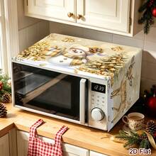 1pc 2D Flat Christmas Microwave Cover, White & Gold Snowman, Reindeer, Christmas Tree Pattern, Polyester Material Home Kitchen Microwave Dust Cover, Perfect For Holiday Kitchen Decor And Appliance Protection, Winter Home - Multicolor - View 5