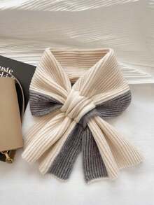 1pc Women Soft Ribbed Knit Bow Scarf, Contrast Color Patchwork Twisted Design Warm Neck Warmer, Suitable For Daily Outings And Commuting, Elegant Minimalist Style Autumn/Winter Neck Accessory - Multicolor - View 3