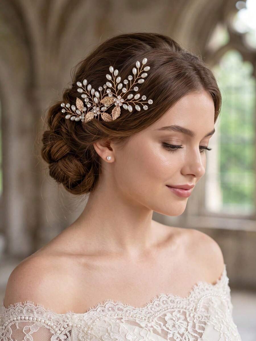 3pcs Elegant Gold Rhinestone & Pearl Hair Clips, Handmade Leaf-Shaped Bridal U-Shaped Hair Forks, Romantic Women's Wedding Hair Accessories - Multicolor - View 1