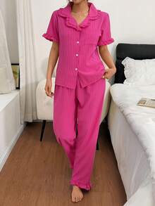 2pcs Women's Pajama Set, Classic Striped Ruffle Trim Short Sleeve Long Pants Pajama Set, Open Front Lapel Comfortable Pajamas - Soft Short Sleeve Button Up Top And Elastic Waist Long Pants, Casual Loungewear - Hot Pink - View 5
