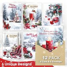 A Set Of Elegant Red And White Christmas Greeting Cards, Including 6 Cards And 6 Envelopes, Perfect For Spreading Holiday Cheer And A Perfect Winter Gift For Your Loved Ones - 6 Greeting Cards + 6 Envelopes - View 2