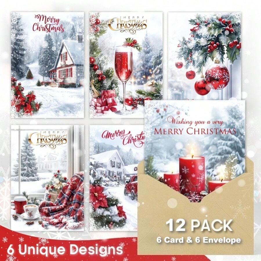 A Set Of Elegant Red And White Christmas Greeting Cards, Including 6 Cards And 6 Envelopes, Perfect For Spreading Holiday Cheer And A Perfect Winter Gift For Your Loved Ones