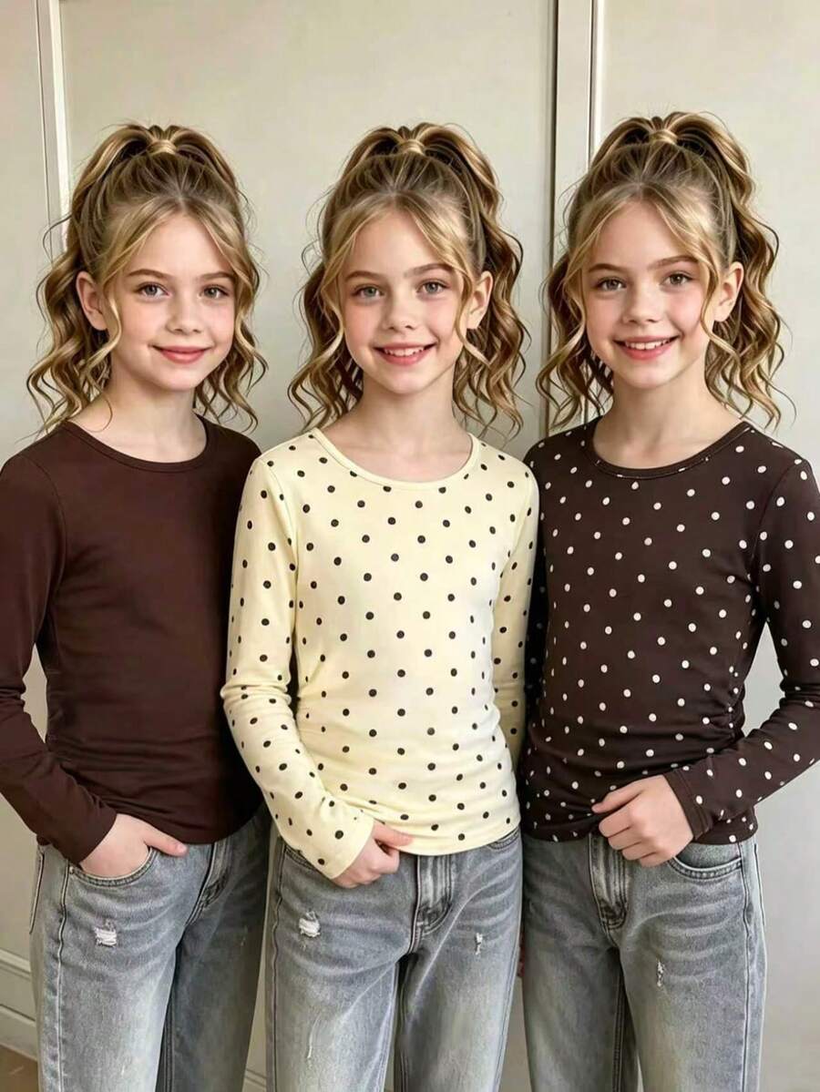 Girls' Vintage Color 3 Pieces Set, Round Neck Side Ruched Solid Color & Polka Dot Long Sleeve Top, Suitable For Daily School, Weekend Outings, Casual Layering And Inner Wear - Multicolor - View 1
