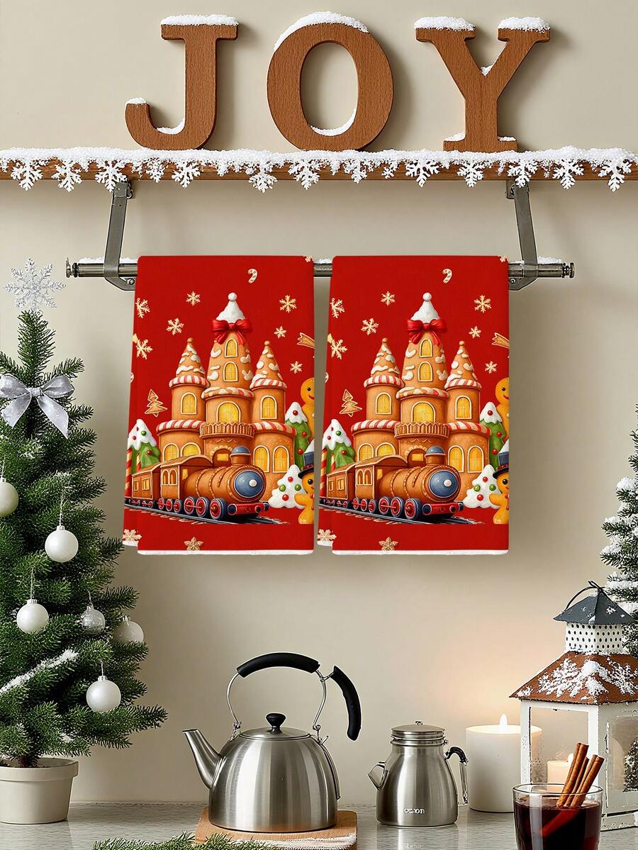 2pcs Christmas Gingerbread Castle And Cookie Print Kitchen Towels, Colorful Candy Winter Village Design Dish Cloths, Suitable For Kitchen Cleaning & Christmas Decor - Red - View 1