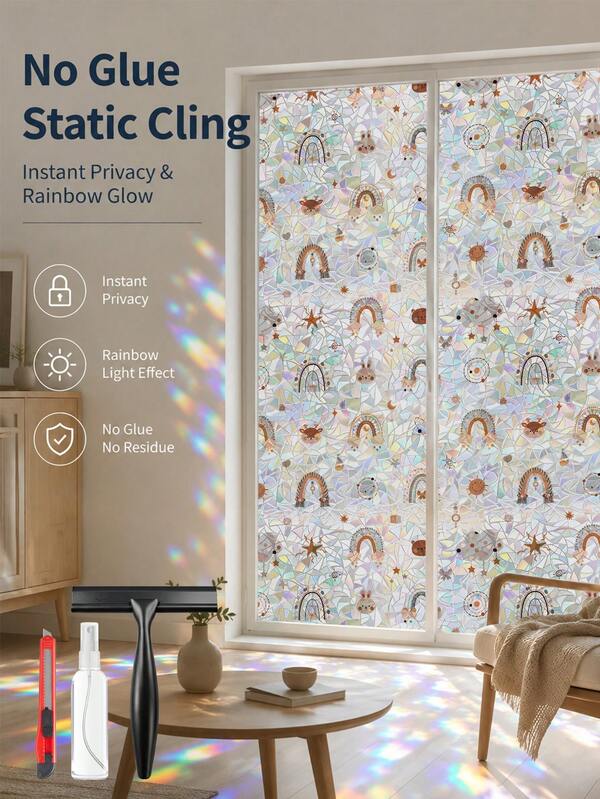 Colorful Glass Window Privacy Film, Cute Rainbow Rabbit Star Moon Mosaic Decor, 3D Rainbow Prism Sticker, With Installation Tools, Electrostatic Adsorption Colorful Decal, UV Protection, Non-Adhesive Coverage, Suitable For Home Door Bathroom, Decorative Electrostatic Sticker, Non-Adhesive Reusable Window Tint, Heat Insulation UV Protection Coverage, Suitable For Home Door, Living Room