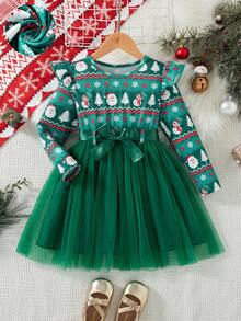 Young Girls Christmas Long Sleeve Dress, Green Mesh Tutu Dress With All-Over Print, Green Base With Ruffle Hem And Flutter Sleeves, Ribbon Bow, Santa Claus, Snowman, Christmas Tree, Snowflake, Holiday Party, Sweet Princess Style, Fashionable, Casual, Autumn/Winter, Daily Wear - Green - View 3